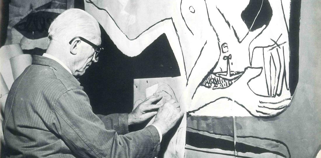Le Corbusier working on the cartoon of the tapestry 